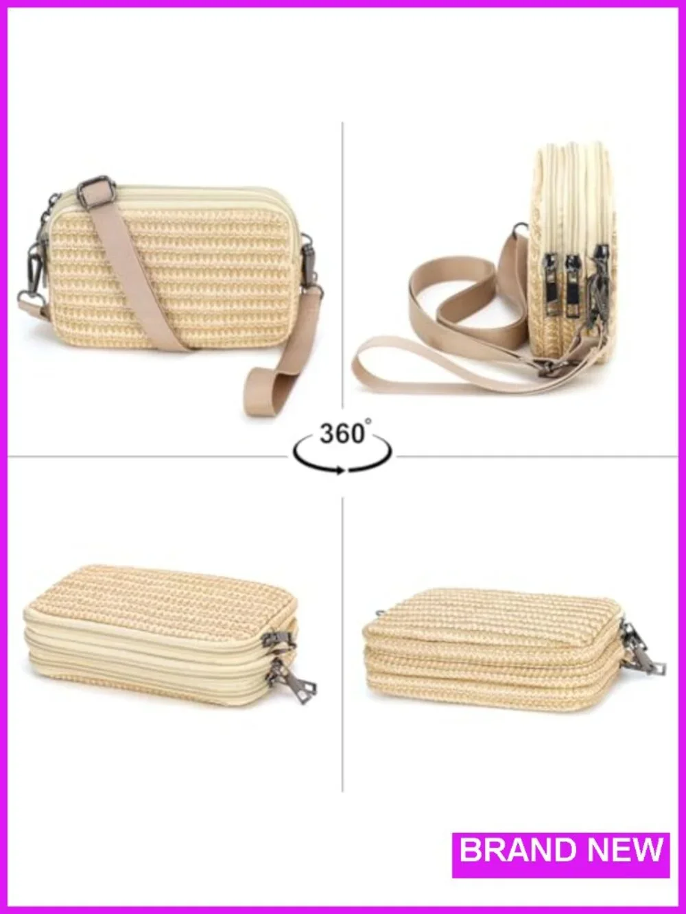 Woven Straw 3-Zip Crossbody Wristlet Wallet with Card Slots